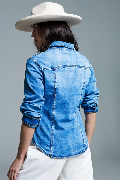 Mid Wash Denim Shirt  With Chest Pockets And Press Buttons