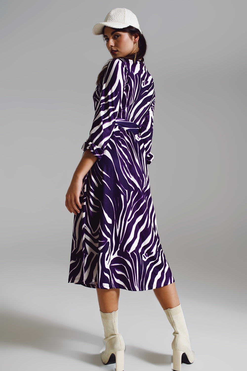 Midi Belted Wrap Dress in Purple and Cream Zebra Print