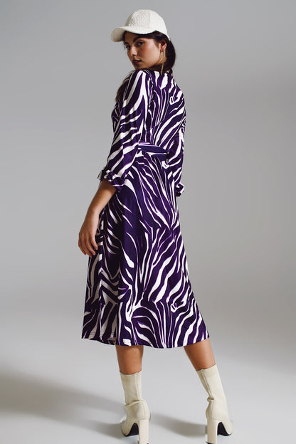 Midi Belted Wrap Dress in Purple and Cream Zebra Print