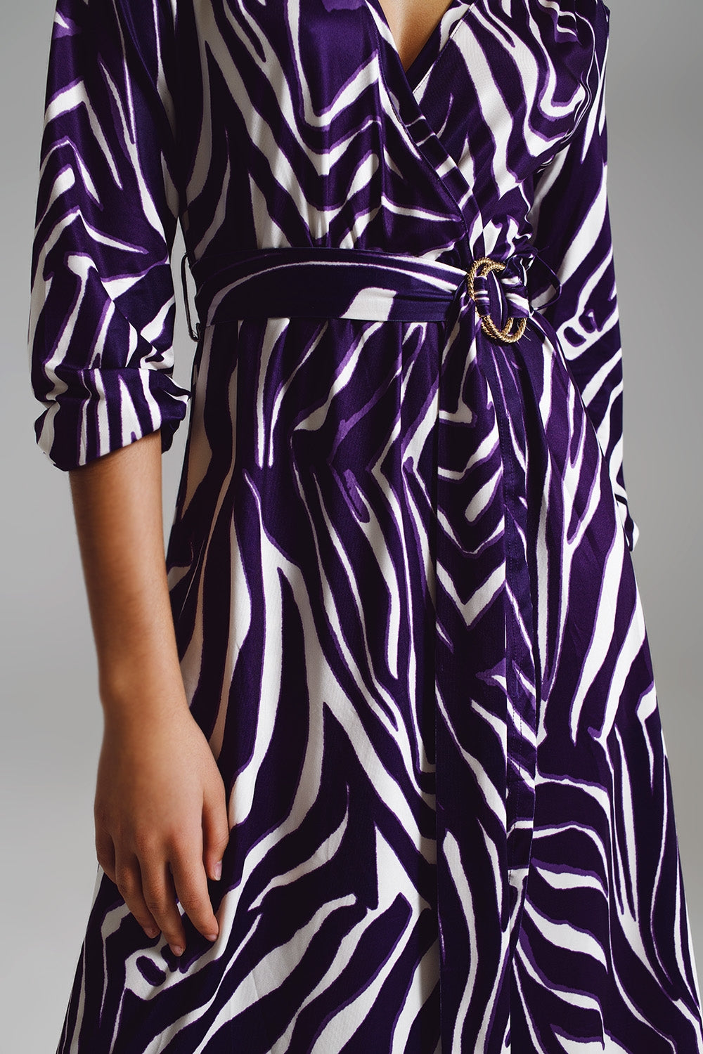 Midi Belted Wrap Dress in Purple and Cream Zebra Print