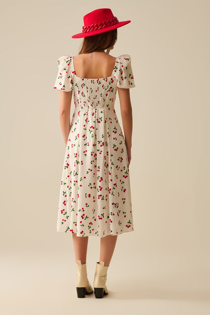 Midi Cherry Print Dress With Puff Sleeves
