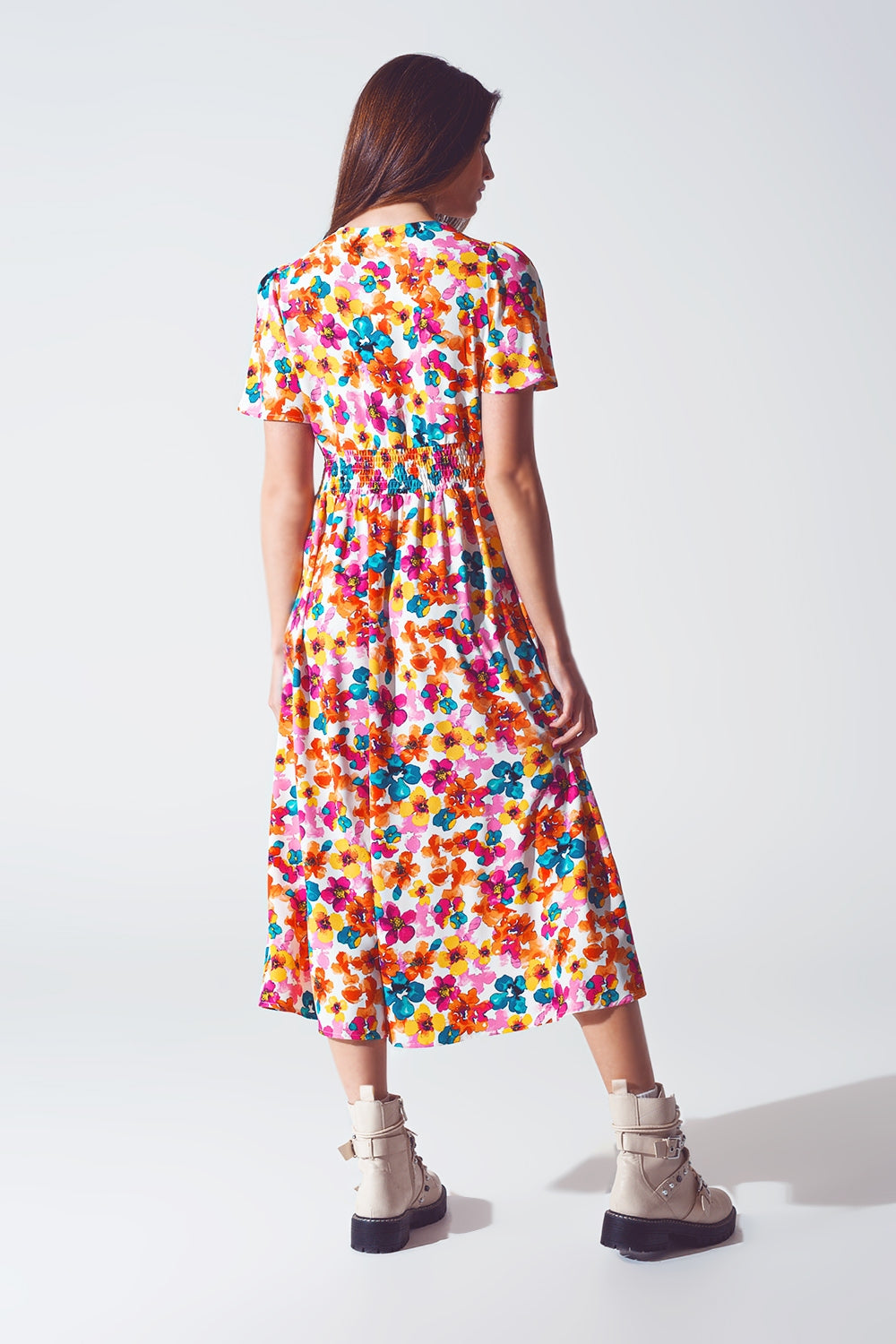 Midi Cinched In Wist Dress In Multicolot Floral Print