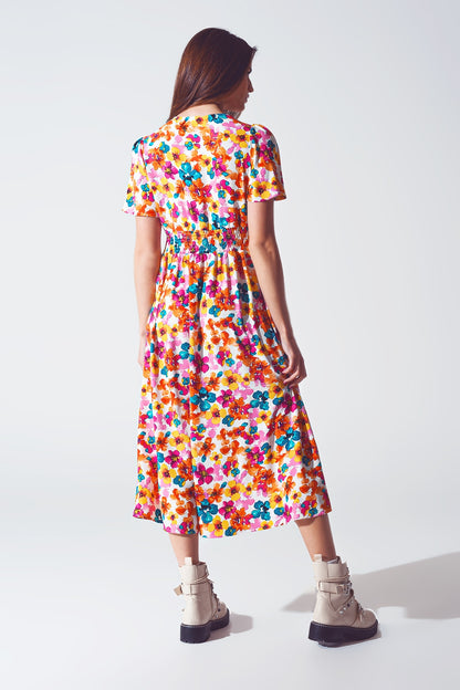 Midi Cinched In Wist Dress In Multicolot Floral Print
