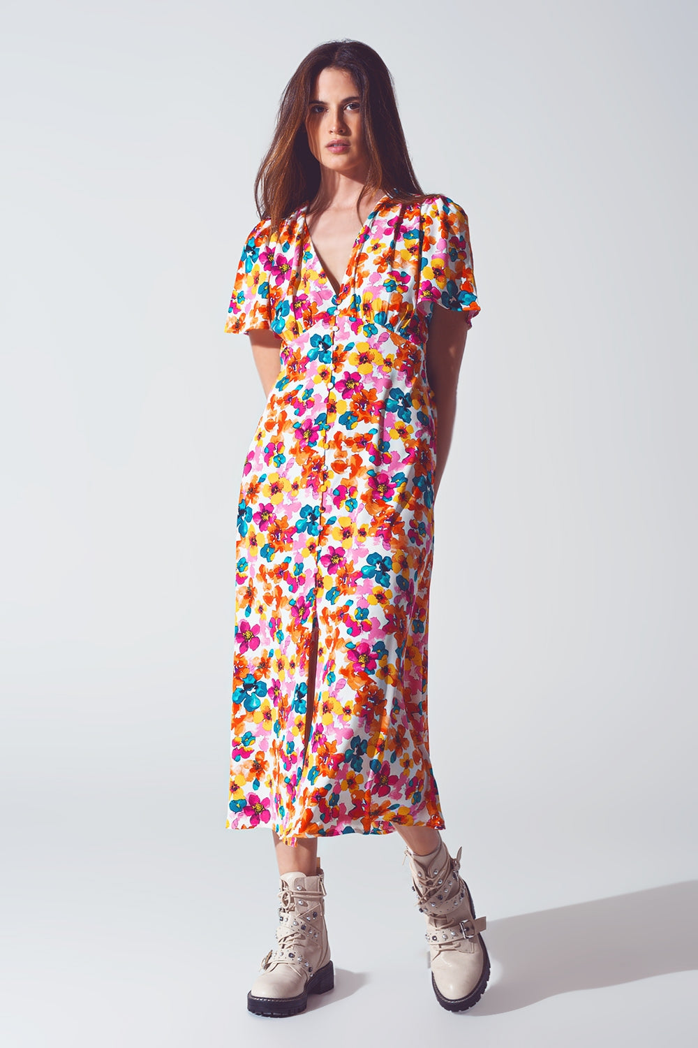 Midi Cinched In Wist Dress In Multicolot Floral Print