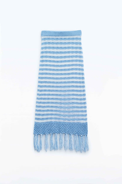 Midi Crochet White Skirt With Blue Stripes and Fringe Hem