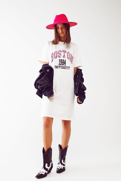 midi t-shirt dress in white boston 1984 university