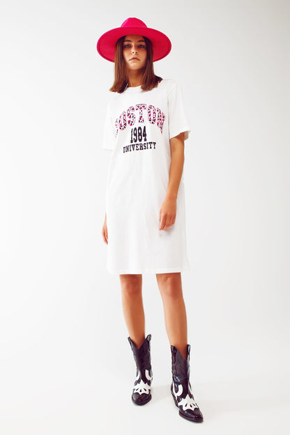 midi t-shirt dress in white boston 1984 university