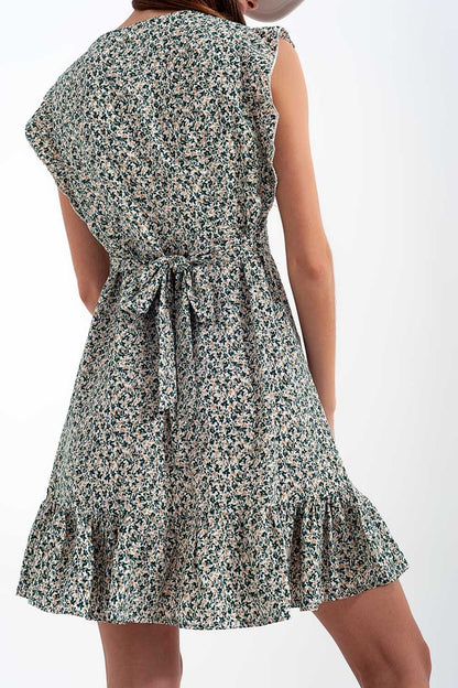 Mini dress with ruffle sleeve in ditsy floral in green