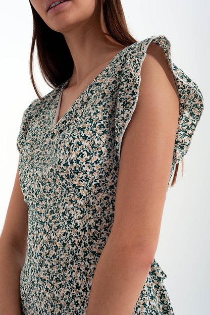 Mini dress with ruffle sleeve in ditsy floral in green