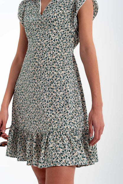 Mini dress with ruffle sleeve in ditsy floral in green