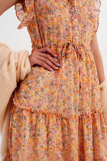 Mini dress with ruffle trims in vintage floral in coral