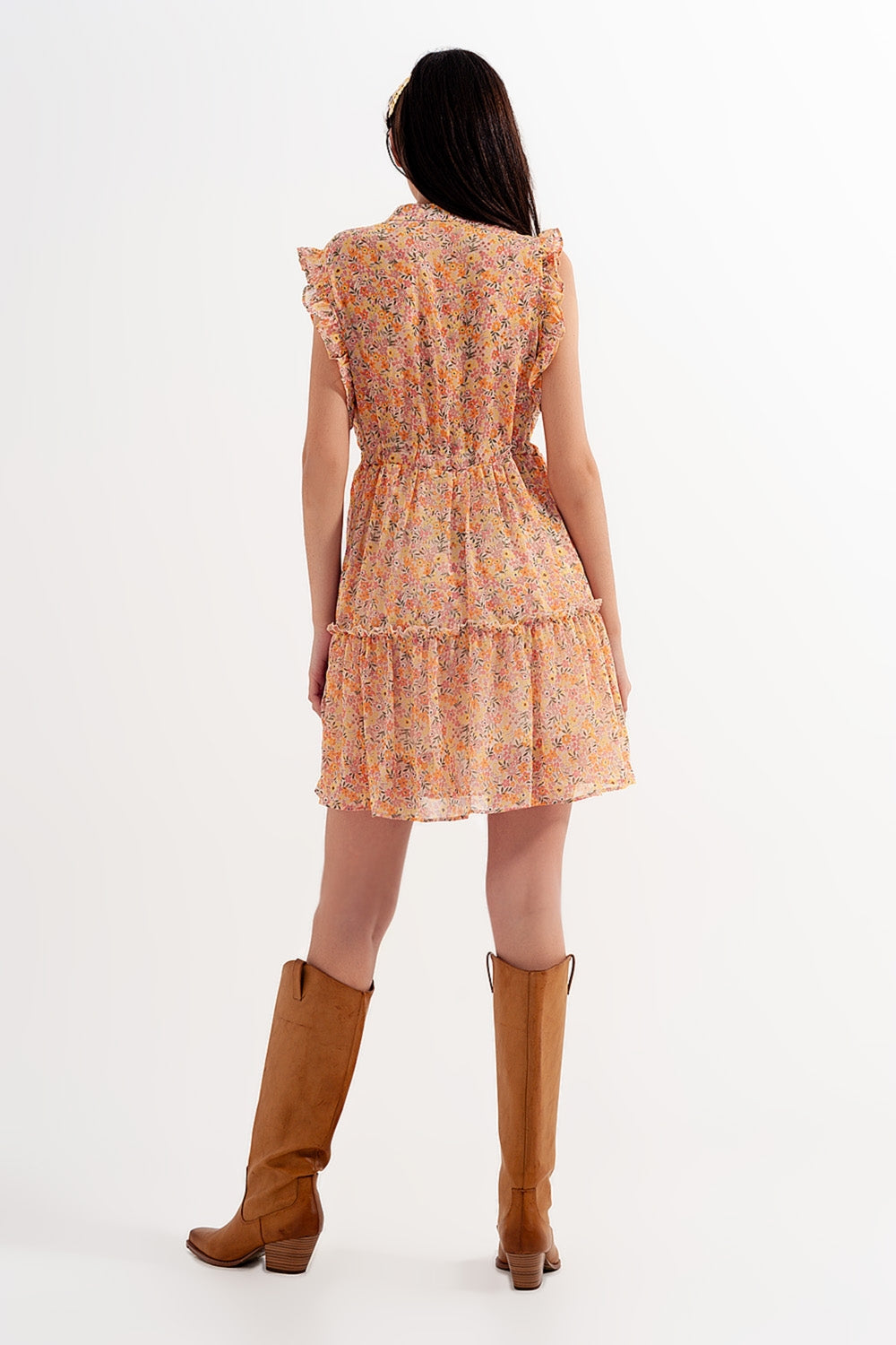 Mini dress with ruffle trims in vintage floral in coral