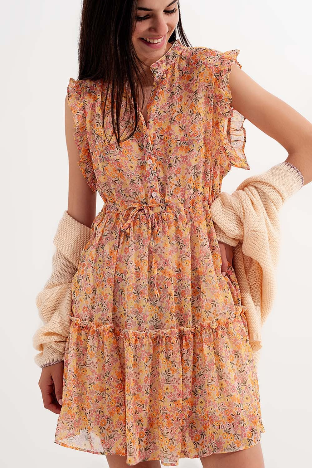 Mini dress with ruffle trims in vintage floral in coral