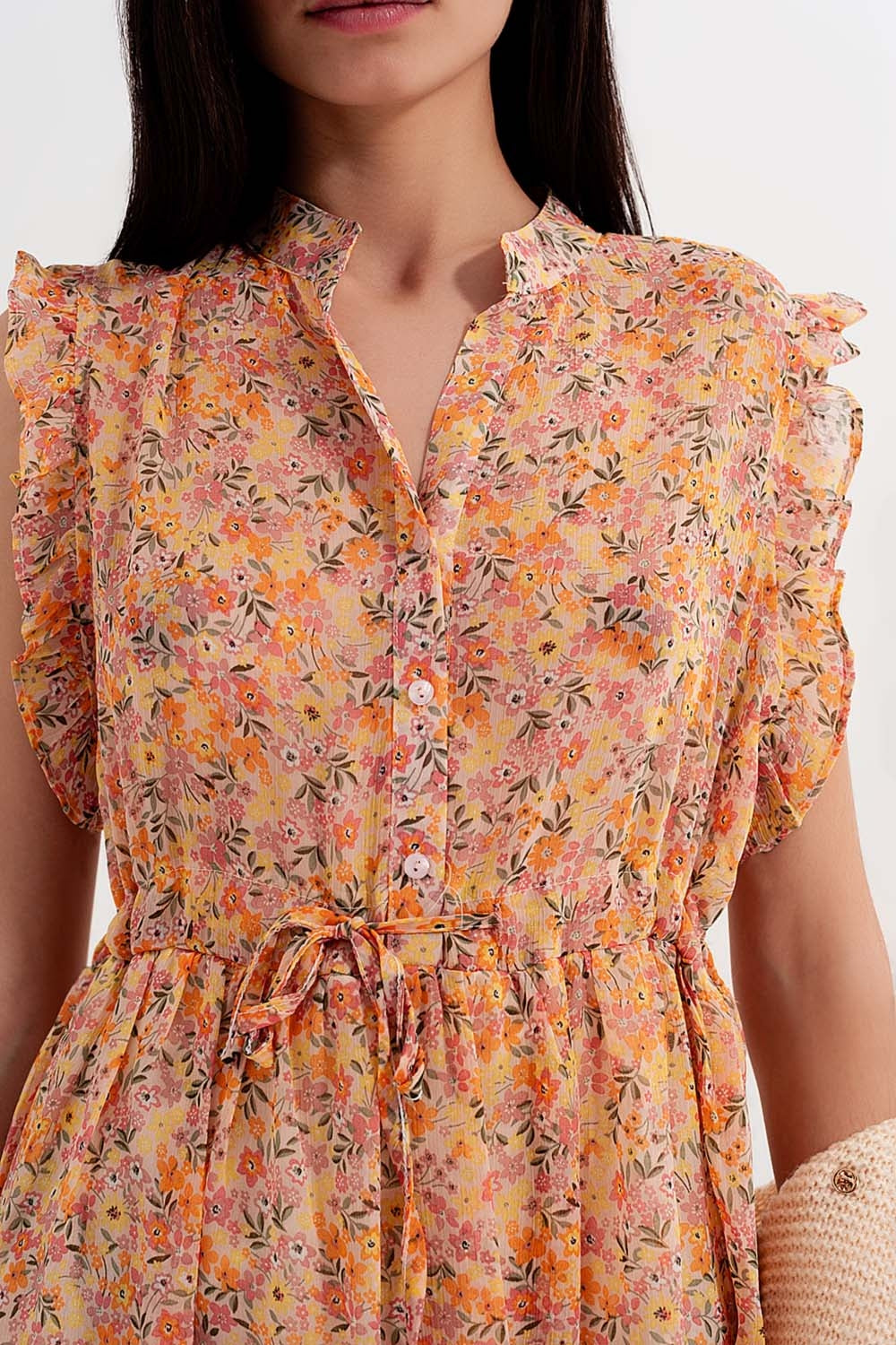 Mini dress with ruffle trims in vintage floral in coral