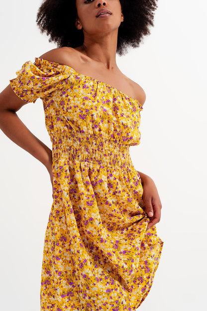 Mini dress with shirred detail in yellow ditsy floral print