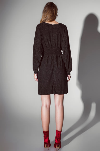 Mini-length glitter dress with deep V-neck in Black