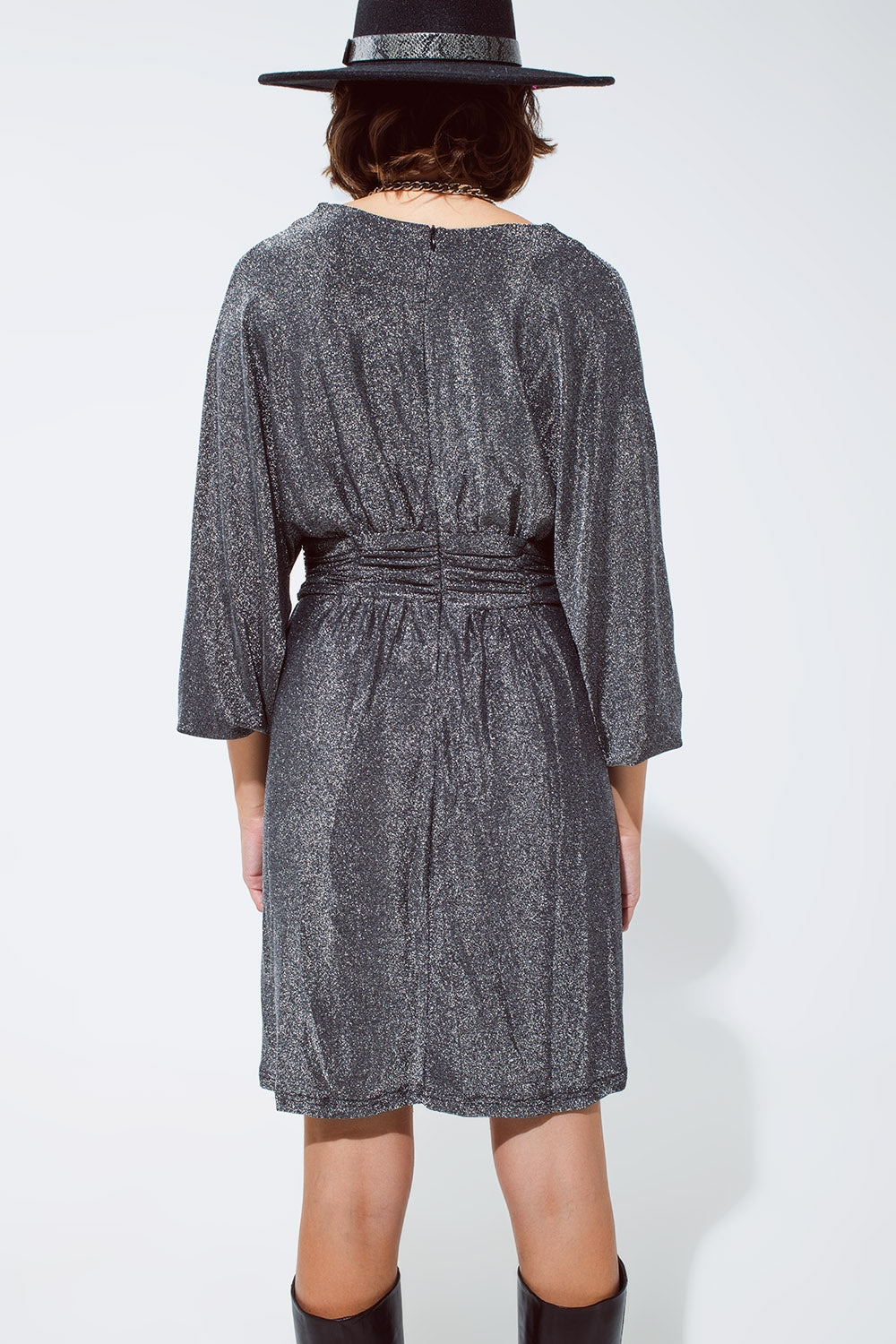 Mini length glitter dress with deep V neck in silver
