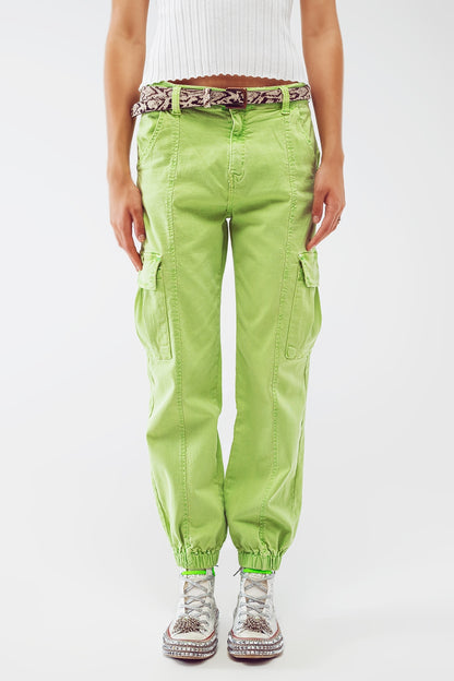 mint green cargo pants with elasticated waist and hem