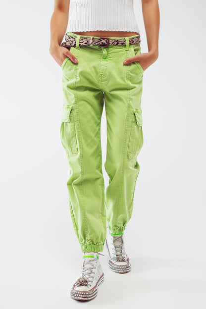 mint green cargo pants with elasticated waist and hem