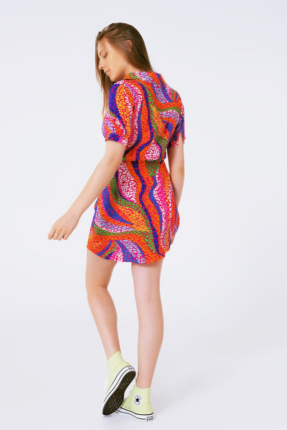 multicolor printed wrap mini dress in pink