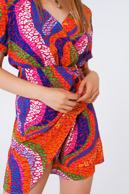 multicolor printed wrap mini dress in pink