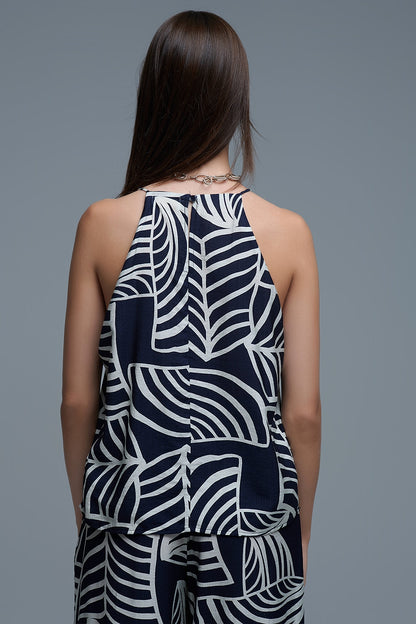 Navy and White Sleeveless Halter Top with White Leaf Print
