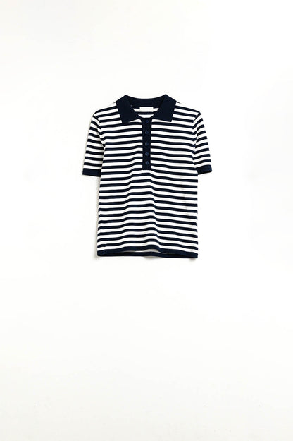 navy and White Striped Knitted Polo T-shirt