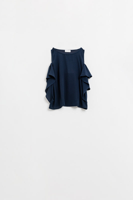 Q2 navy blue sleeveless top with ruffles
