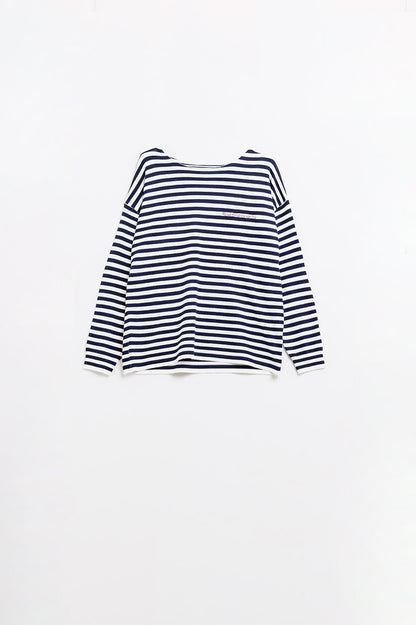 navy blue striped fine knit sweater with boat neck
