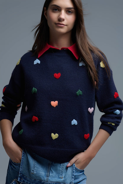 Navy Crew neck Sweater With Multicolor Embroidered Hearts