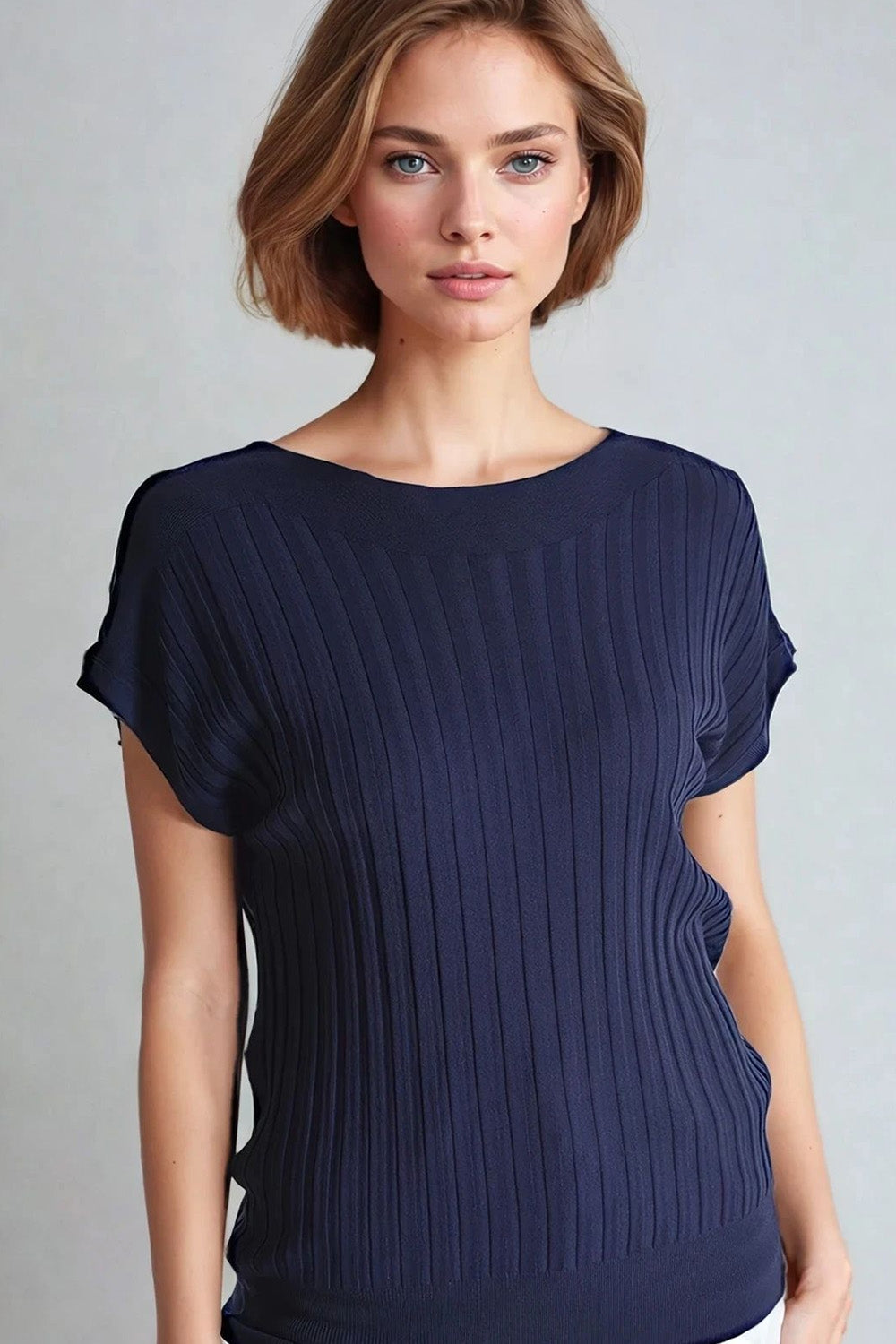 Q2 Navy fine Rib knitted Sweater with boat neck