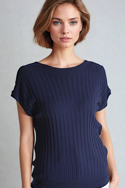 Q2 Navy fine Rib knitted Sweater with boat neck