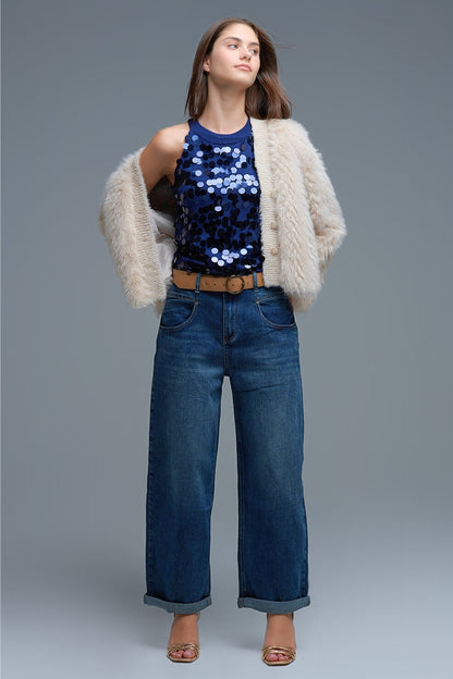 Navy knit top with sequin detail