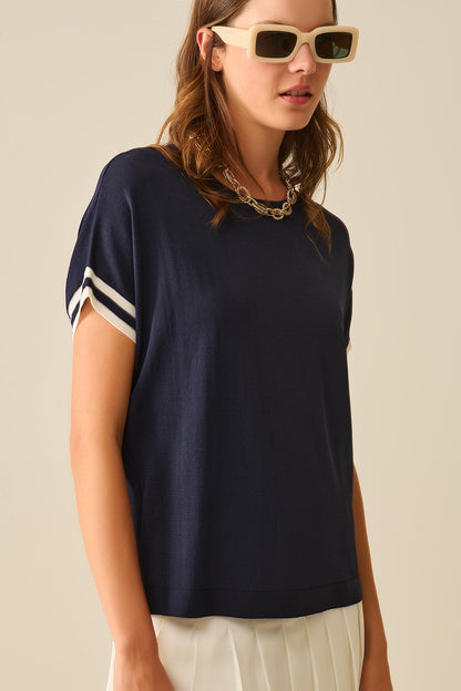 Navy Relaxed Sweater with White Contrast Detail