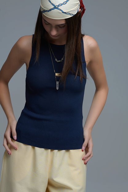 Navy Ribbed fine knit Sleeveless Top