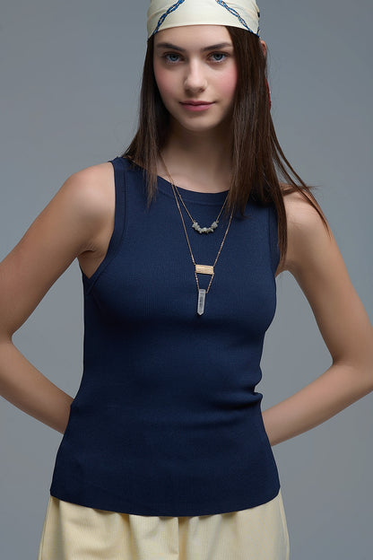 Navy Ribbed fine knit Sleeveless Top