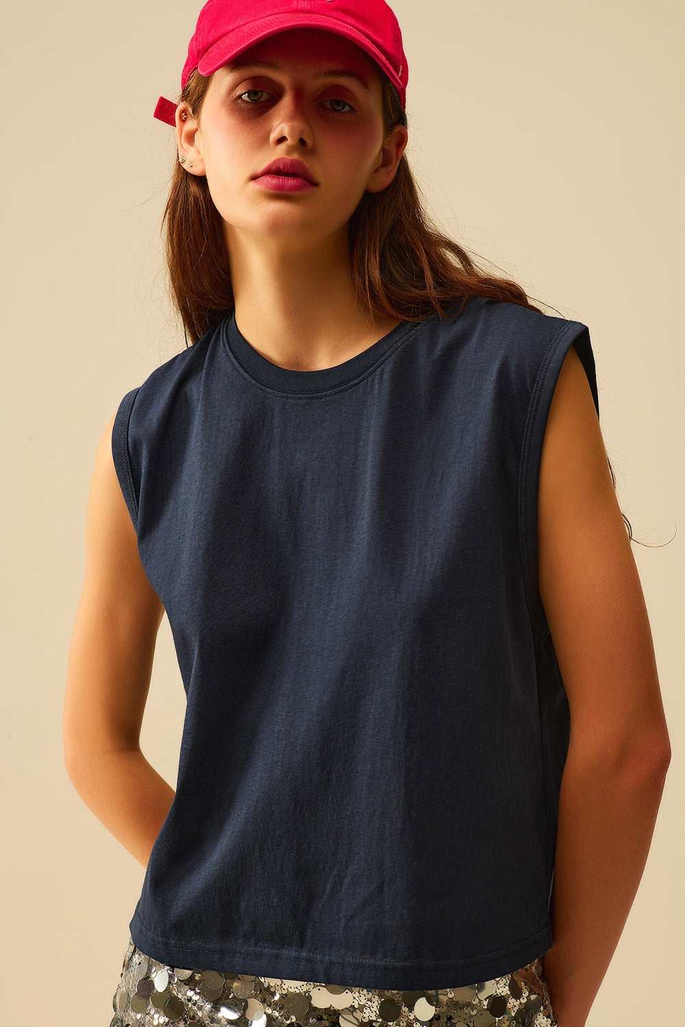 Q2 Navy Sleeveless cotton T-shirt