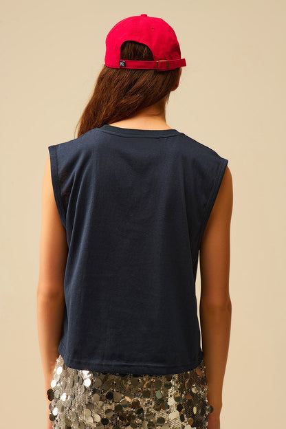 Navy Sleeveless cotton T-shirt
