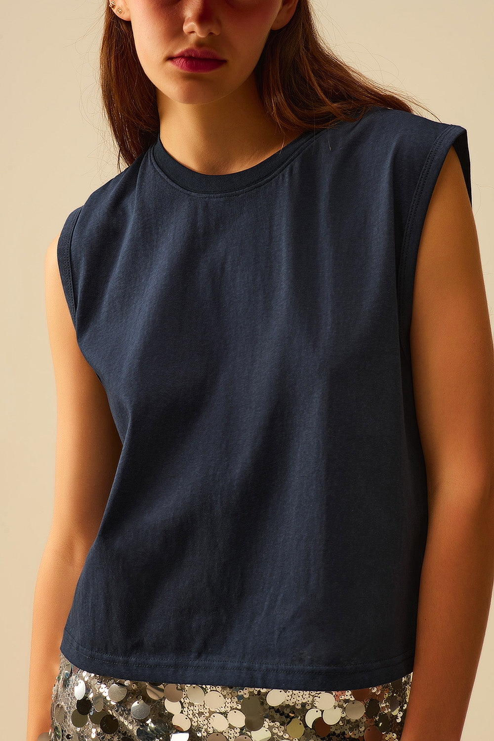 Navy Sleeveless cotton T-shirt