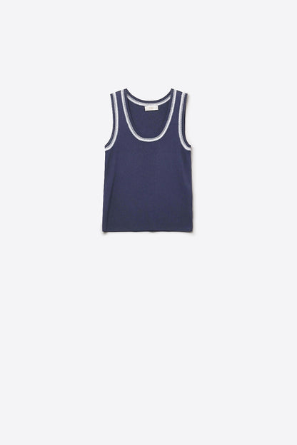Q2 Navy Sleeveless Knit Top with Metallic Trim