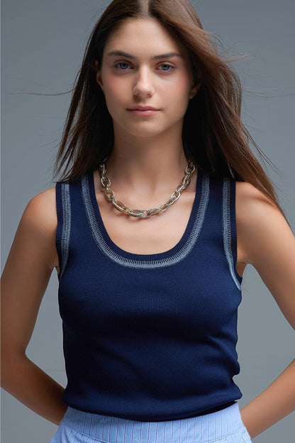 Navy Sleeveless Knit Top with Metallic Trim