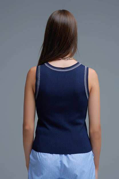 Navy Sleeveless Knit Top with Metallic Trim