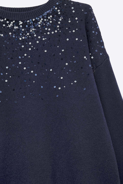 Navy soft knit sweater embellished with sequins on the front
