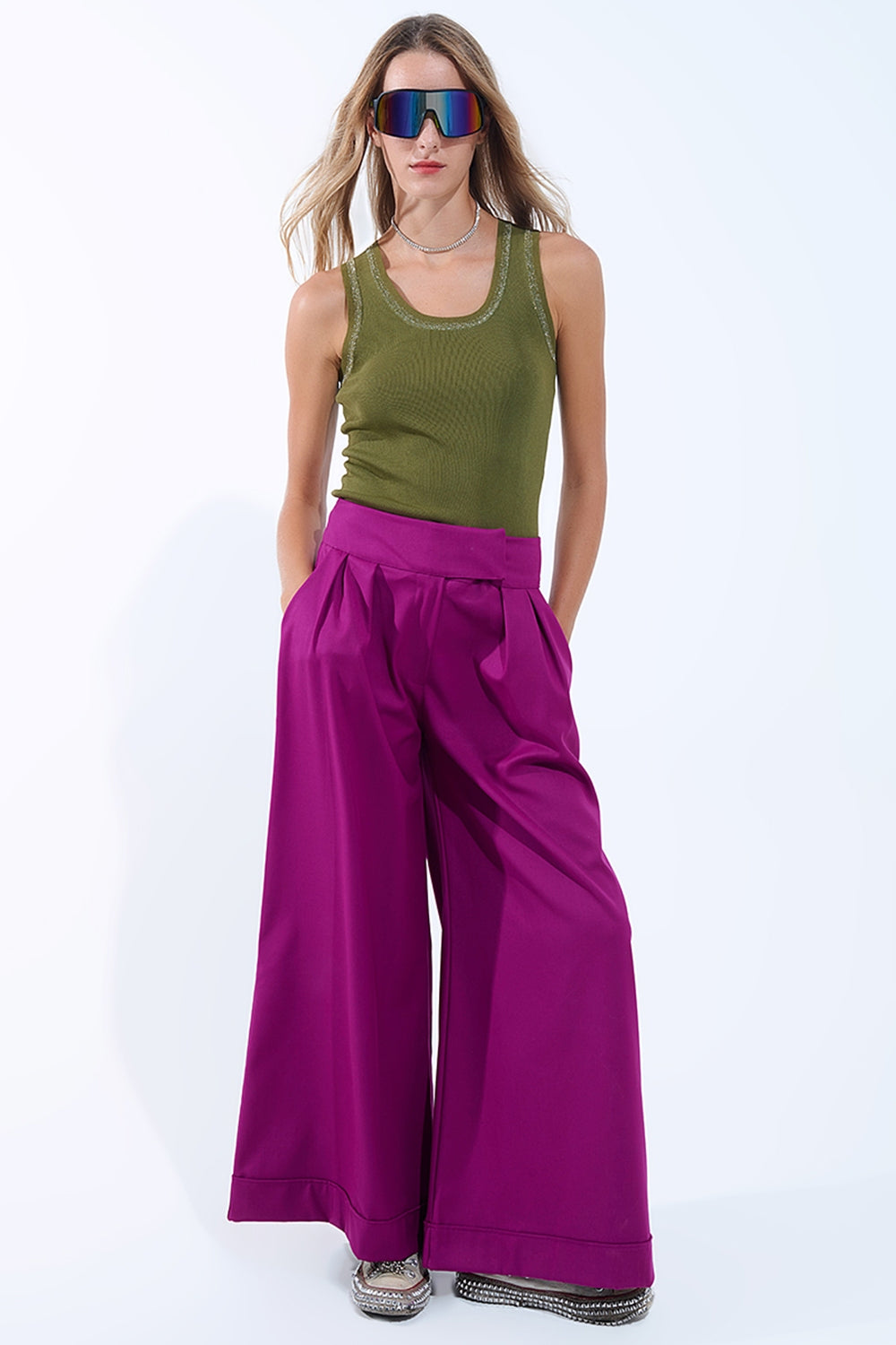 Olive Sleeveless Knit Top with Metallic Trim