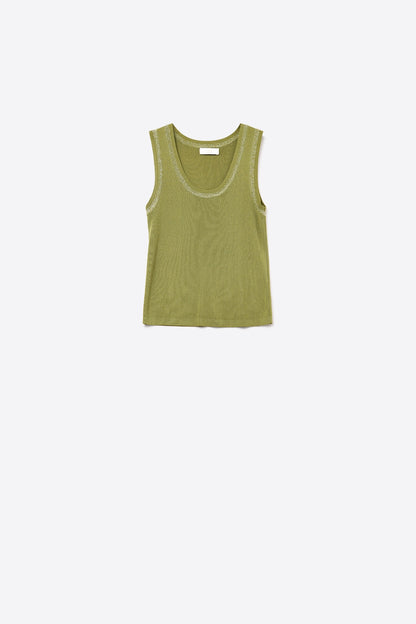 Q2 Olive Sleeveless Knit Top with Metallic Trim