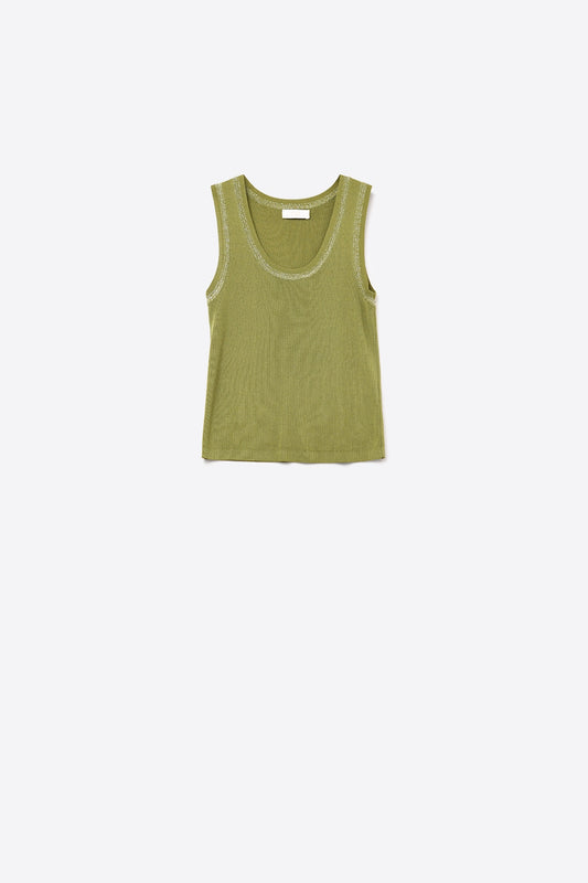 Q2 Olive Sleeveless Knit Top with Metallic Trim