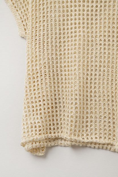 Open Knit Crochet dropped Sleeved Top in Beige