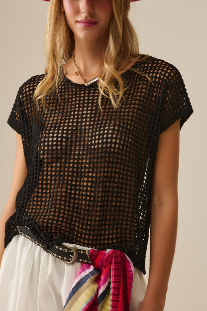 Q2 Open Knit Crochet dropped Sleeved Top in black