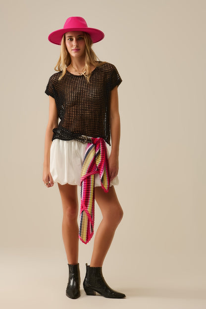 Open Knit Crochet dropped Sleeved Top in black