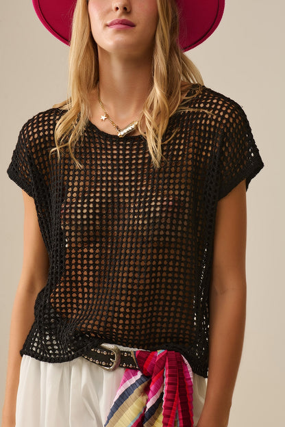 Open Knit Crochet dropped Sleeved Top in black